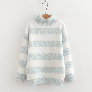 Japanese Style Half Turtleneck Pullover Long Sleeve Knitted Sweater Striped Contrast Color Ladies